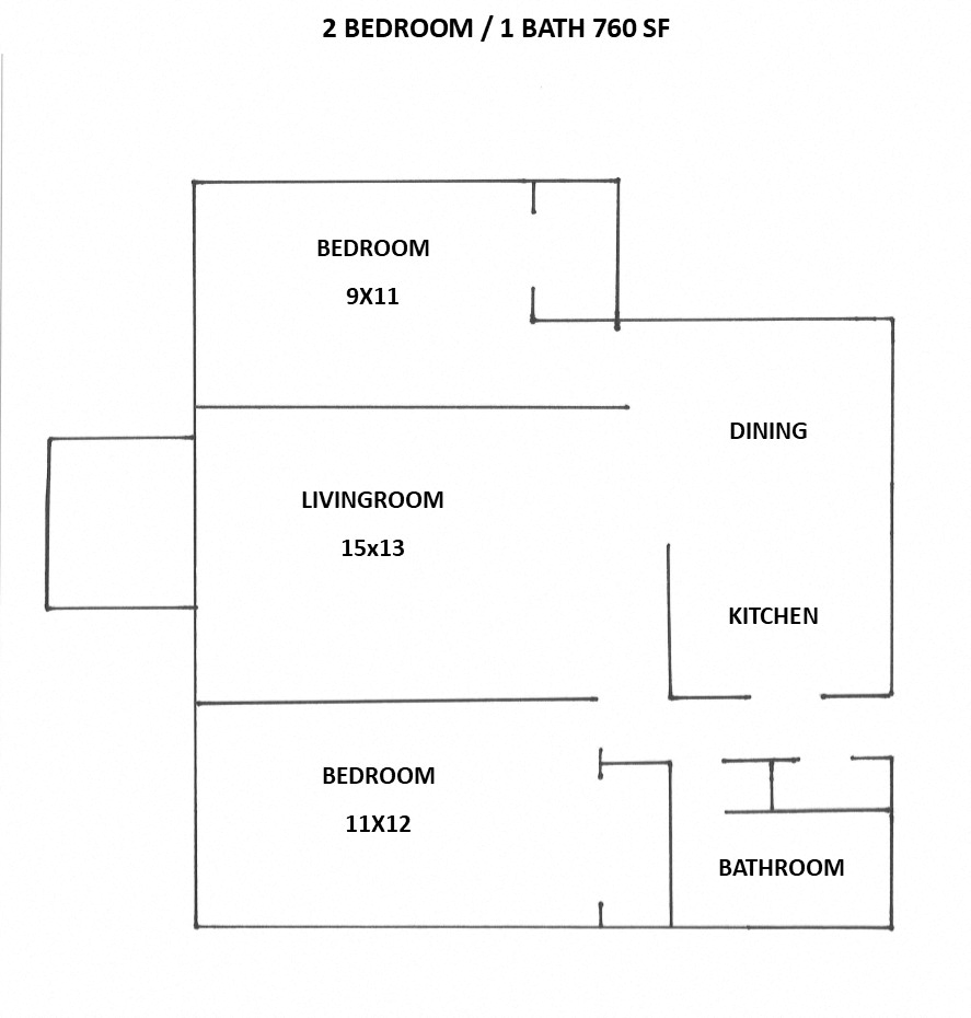 Floor plan for 2 beds, 1 bath, 760 sqft